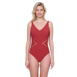 NWT‎ Gottex Day Dreamer Rust V-Neck One Piece Swimsuit Mesh Cutouts Size 6